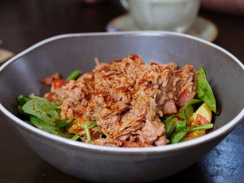 tuna with vegetables in a bowl resulting in questions like "can hamsters eat tuna?"